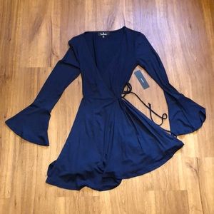 navy blue long sleeve wrap dress